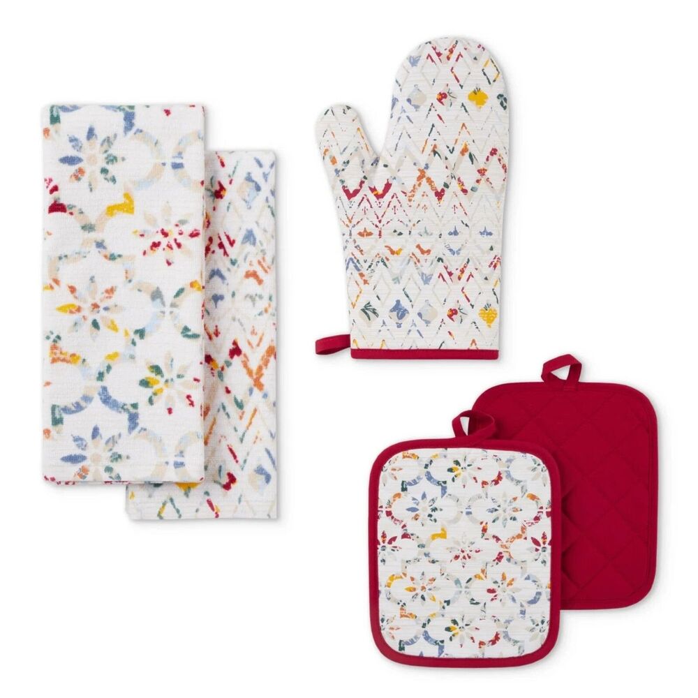 Ogee Tile Kitchen Towels Potholders Oven Mitt Red Blue Loops 5pc New Home Gift